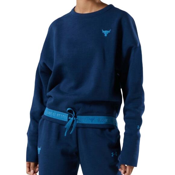 Under Armour Project Rock Fleece Oversized Crew Sweatshirt Navy Size Small w3206 - Picture 1 of 9